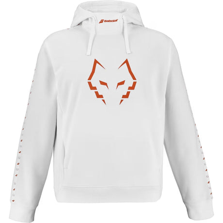 Witte Babolat Hoodie Sweat Lebron met oranje wolvenkop op de borst, vooraanzicht