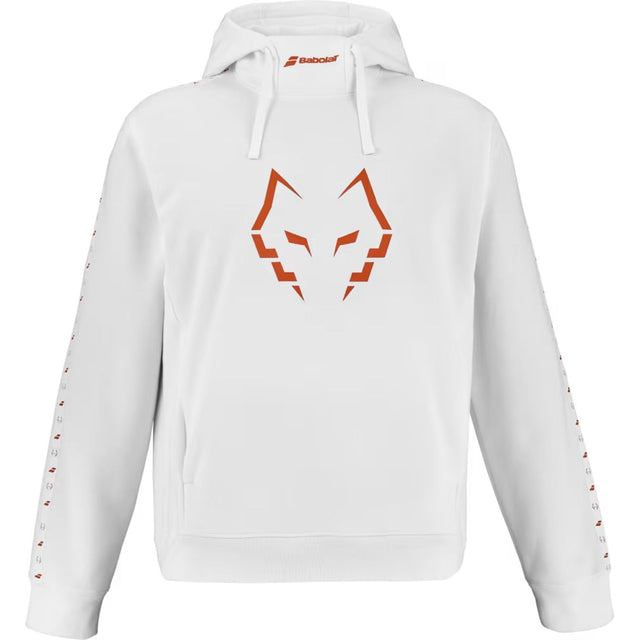 Witte Babolat Hoodie Sweat Lebron met oranje wolvenkop op de borst, vooraanzicht