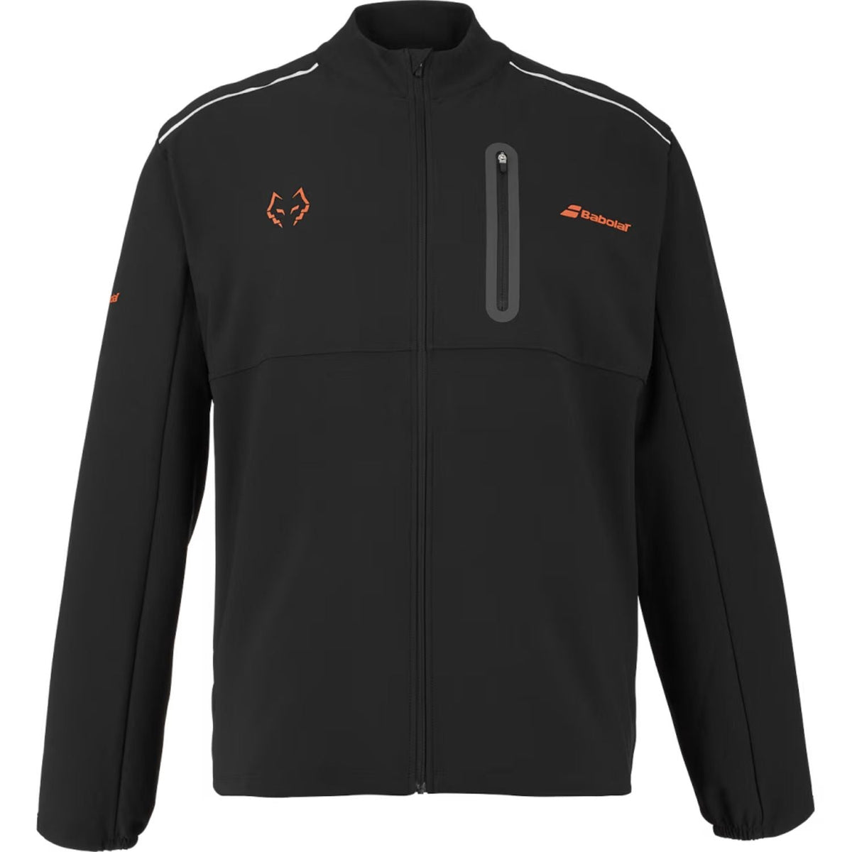 Zwart Babolat Jacket Lebron 2026 met oranje accenten, borstrits en reflecterende strepen