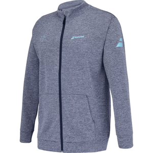 Schuin vooraanzicht van het donkerblauw gemeleerde Babolat Jacket Lebron met mouwlogo