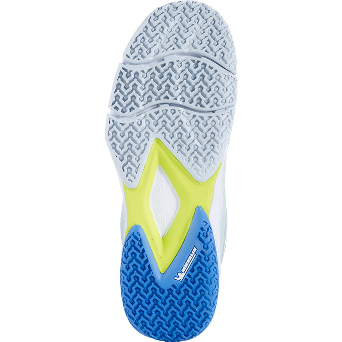 Zool van de Babolat Jet Ritma Women in lichtgrijs met blauw en limegeel profiel op de voorvoet