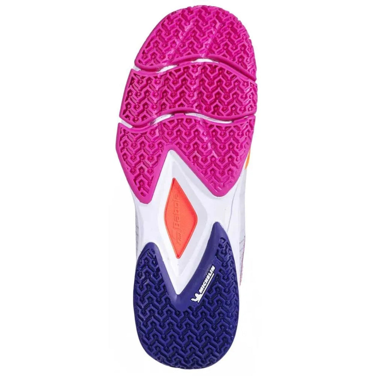 Zool van de Babolat Jet Ritma Women met visgraatprofiel in roze en donkerblauw, bedoeld voor kunstgras