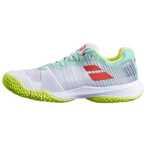 Binnenzijde van de Babolat Jet Ritma Women in wit en grijs met mintgroen en limegeel accent
