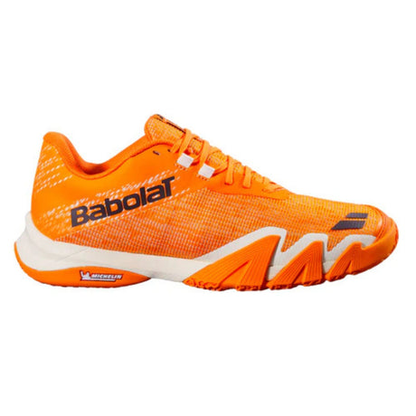Babolat Jet Viva padelschoen in oranje met witte tussenzool, zijaanzicht buitenkant