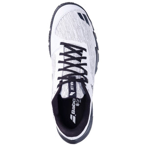 Bovenaanzicht van de witte Babolat Jet Viva met zwarte veters en Babolat-logo
