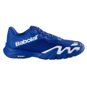Babolat Jet Viva Marine Blue padelschoen, zijaanzicht buitenkant in diep marineblauw met wit Babolat-logo