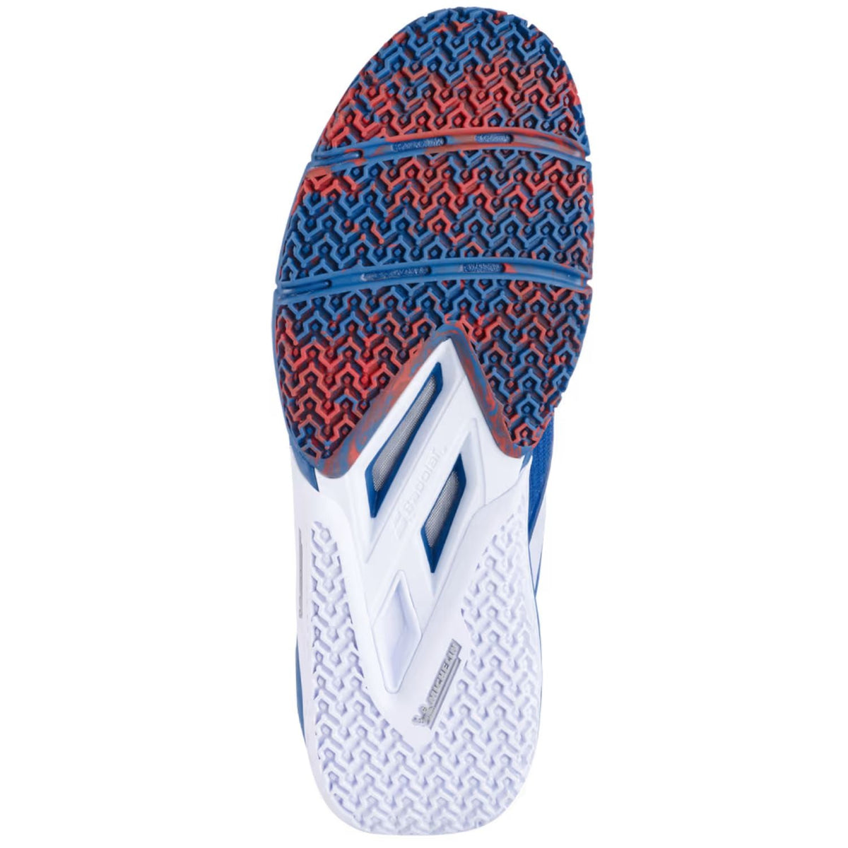 Zool van de Babolat Movea 2 in blauw met rood gemeleerd profiel