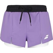 Paarse Babolat Padel Short voor dames met zwarte tailleband, trekkoord en witte binnenshort