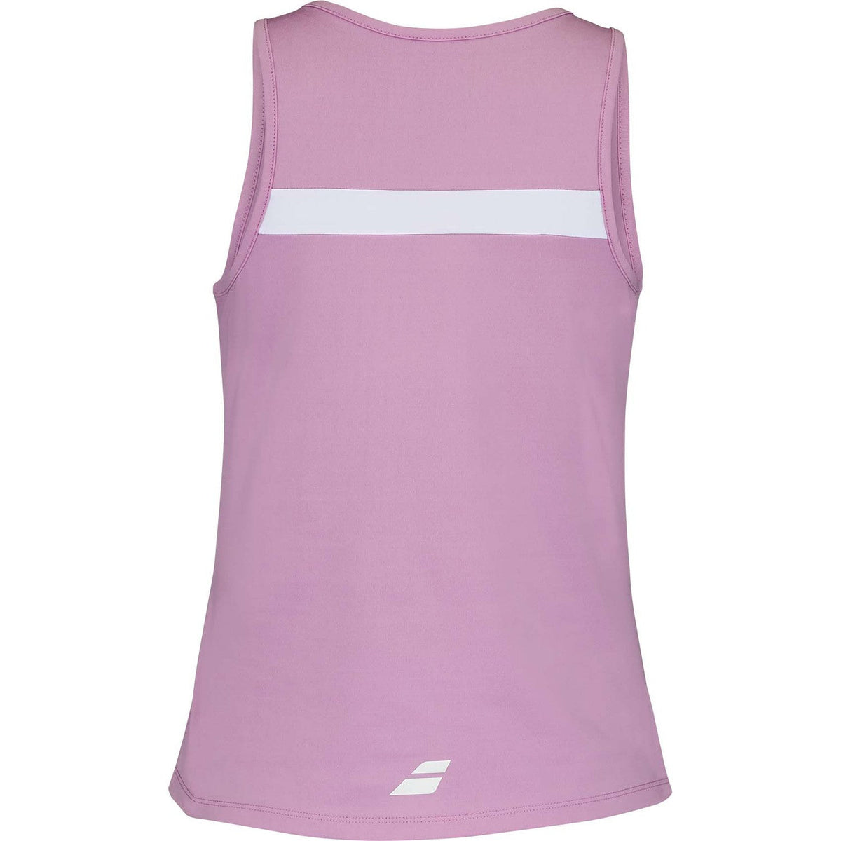 Achterzijde van de roze Babolat Padel Tank met witte band en logo onder aan de rug