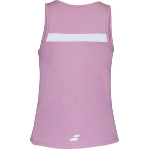 Achterzijde van de roze Babolat Padel Tank met witte band en logo onder aan de rug