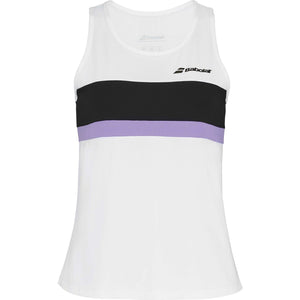 Witte Babolat Padel Tank met zwarte band en lila streep over de borst, vooraanzicht