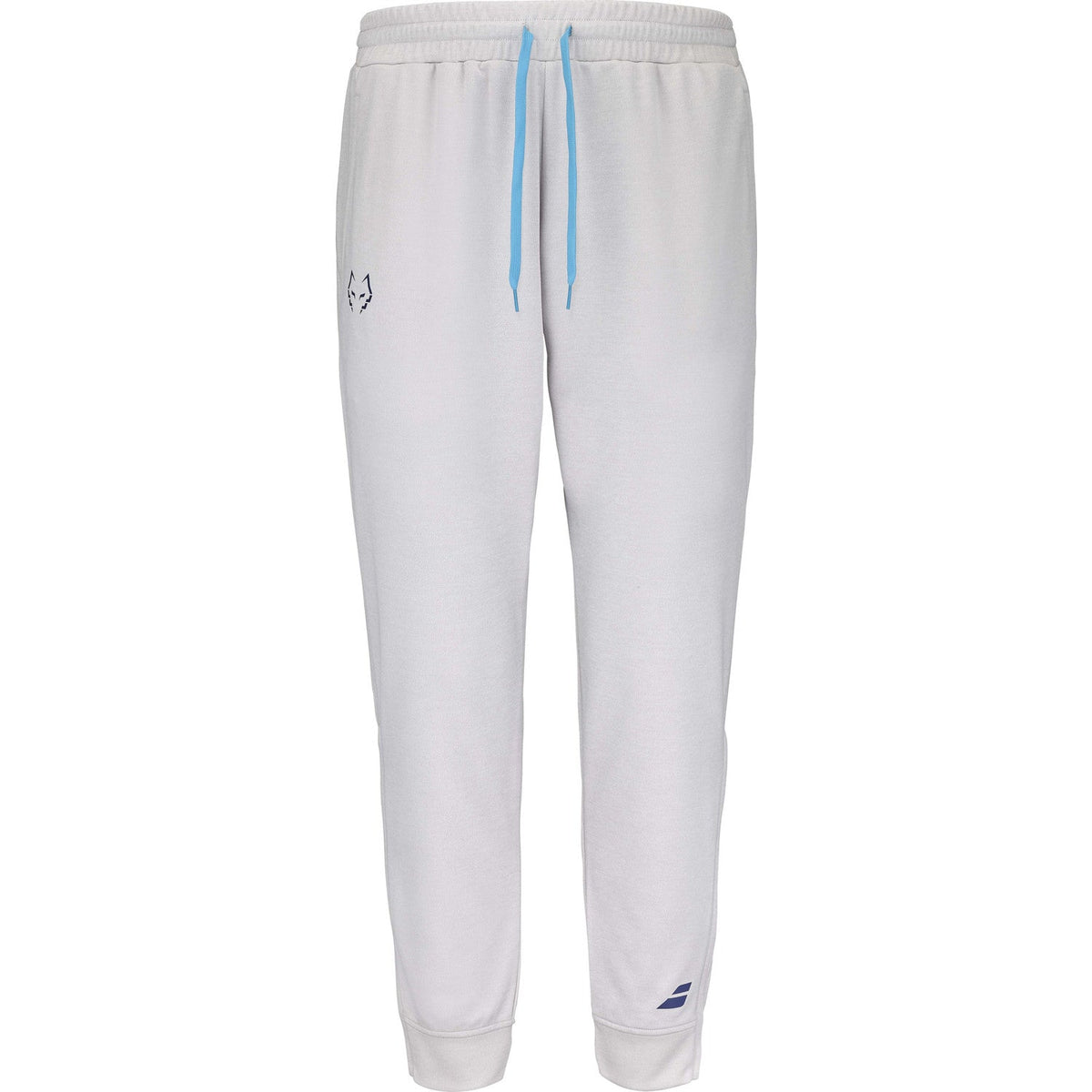 Lichtgrijze Babolat Pant Lebron met lichtblauw trekkoord en logo onderaan de pijp