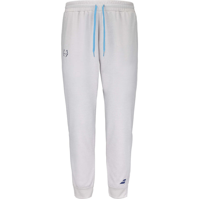 Lichtgrijze Babolat Pant Lebron met lichtblauw trekkoord en logo onderaan de pijp