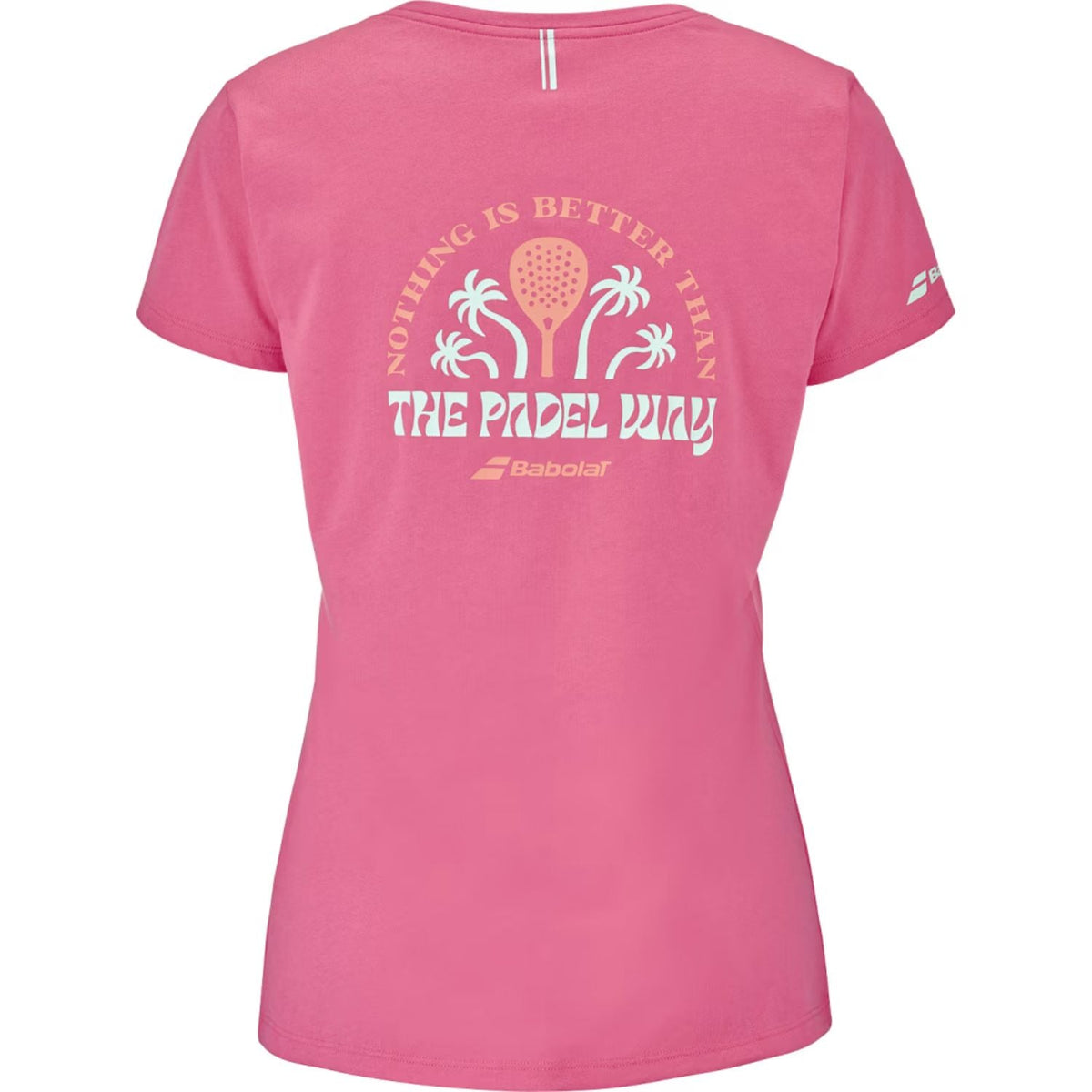 Achterzijde van het roze Babolat Perf Cotton T-shirt W met grote opdruk The Padel Way