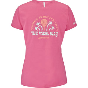 Achterzijde van het roze Babolat Perf Cotton T-shirt W met grote opdruk The Padel Way