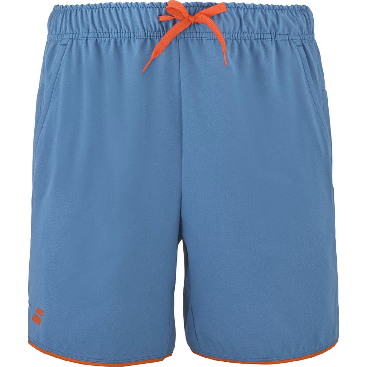 Blauwe Babolat Perf Short met oranje trekkoord en oranje bies onderaan de pijpen