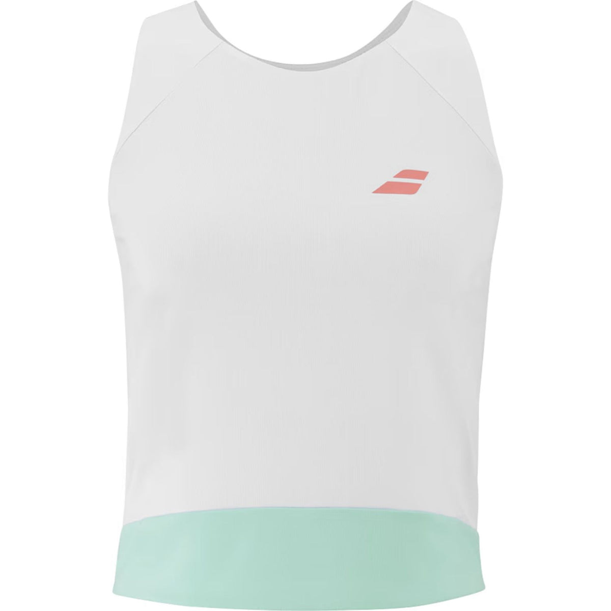 Witte Babolat Perf Tank voor dames met mintgroene onderrand en roze logo op de borst