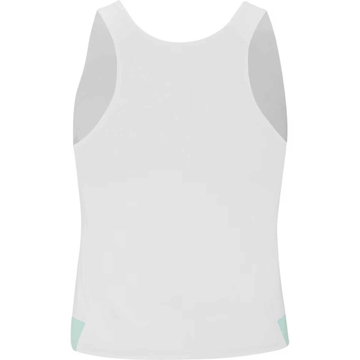 Achterzijde van de witte Babolat Perf Tank met brede schouderbanden en mintgroene zoom