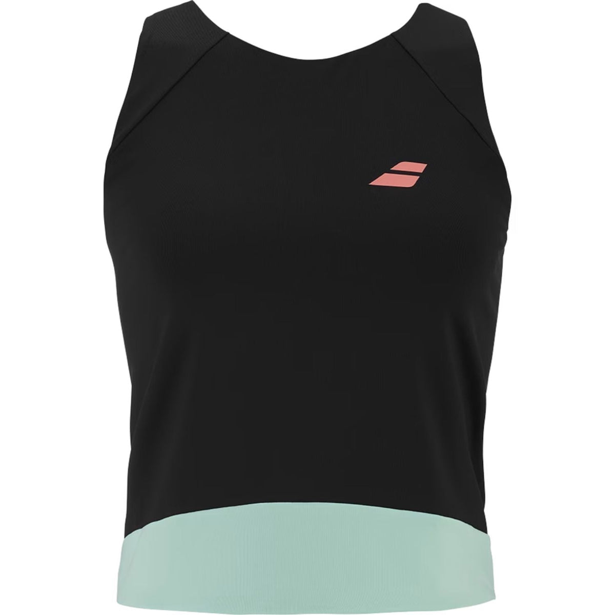 Zwarte Babolat Perf Tank met mintgroene onderrand en roze Babolat-logo op de borst