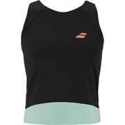Zwarte Babolat Perf Tank met mintgroene onderrand en roze Babolat-logo op de borst