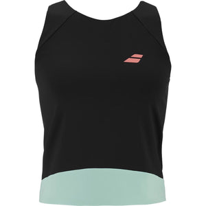 Zwarte Babolat Perf Tank met mintgroene onderrand en roze Babolat-logo op de borst