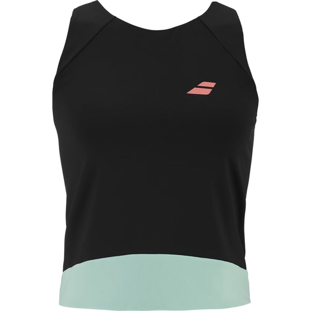 Zwarte Babolat Perf Tank met mintgroene onderrand en roze Babolat-logo op de borst