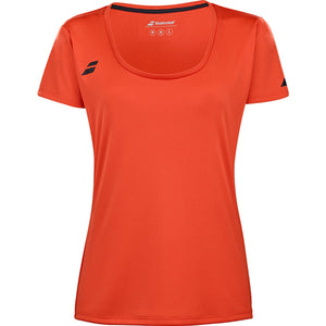 Oranjerode Babolat Play Cap Sleeve Top voor dames met zwart logo op de borst