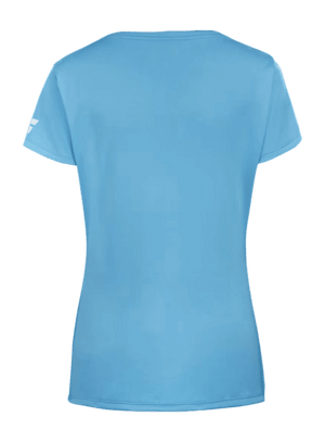 Achterzijde van de lichtblauwe Babolat Play Cap Sleeve Top W tegen groene achtergrond