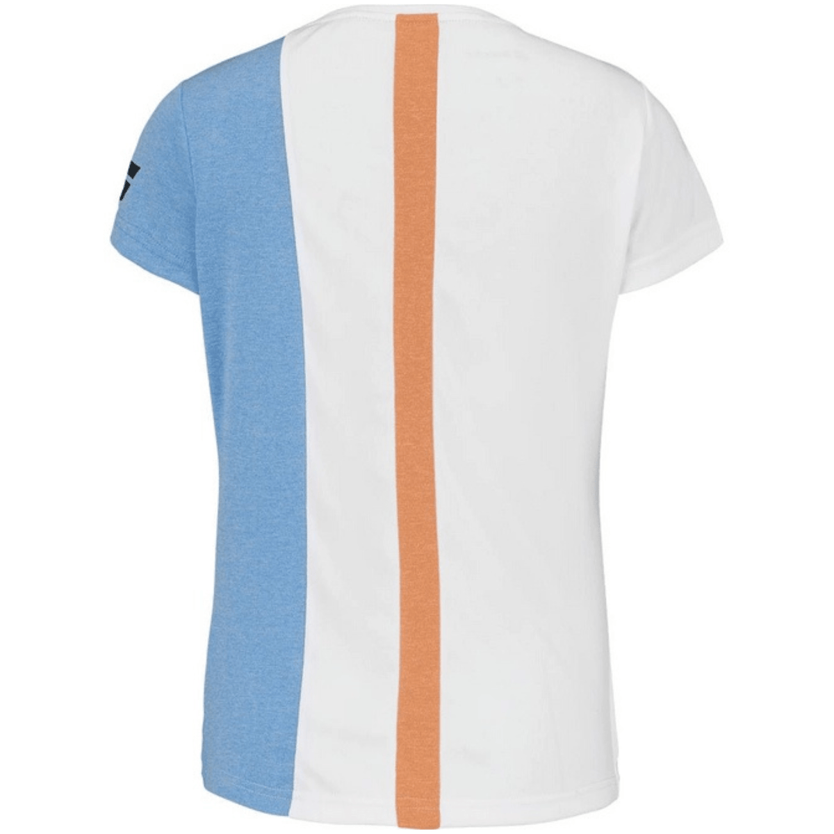 Achterzijde van de witte Babolat Play Cap Sleeve Top W met oranje streep over het midden