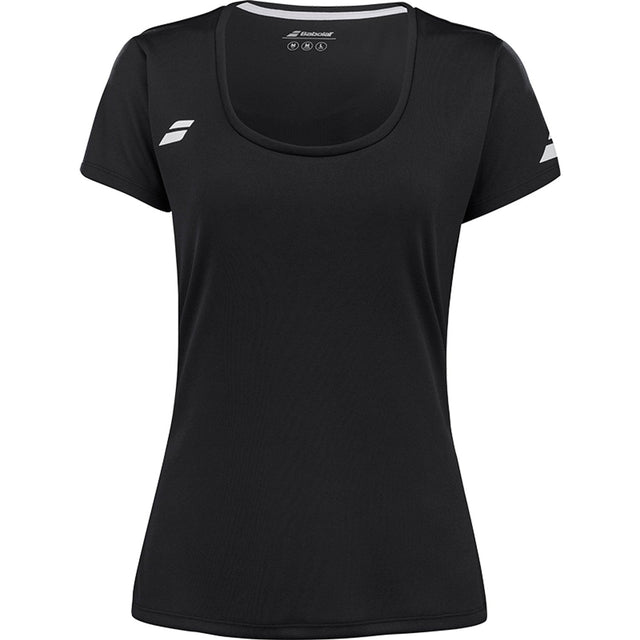 Zwart Babolat Play Cap Sleeve Top voor dames met wit logo en ronde halsuitsnijding
