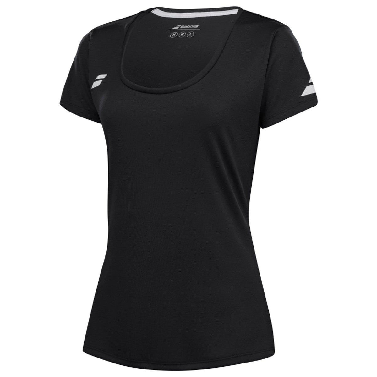 Schuin vooraanzicht van de zwarte Babolat Play Cap Sleeve Top W met logo op de mouw