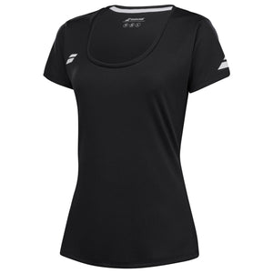 Schuin vooraanzicht van de zwarte Babolat Play Cap Sleeve Top W met logo op de mouw