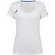 Witte Babolat Play Cap Sleeve Top voor dames met blauwe halsbies en blauw logo