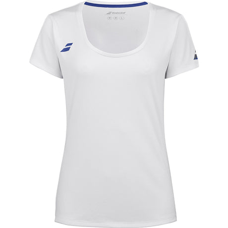 Witte Babolat Play Cap Sleeve Top voor dames met blauwe halsbies en blauw logo