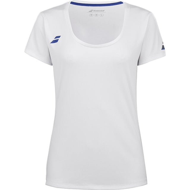 Witte Babolat Play Cap Sleeve Top voor dames met blauwe halsbies en blauw logo