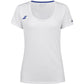 Witte Babolat Play Cap Sleeve Top voor dames met blauwe halsbies en blauw logo