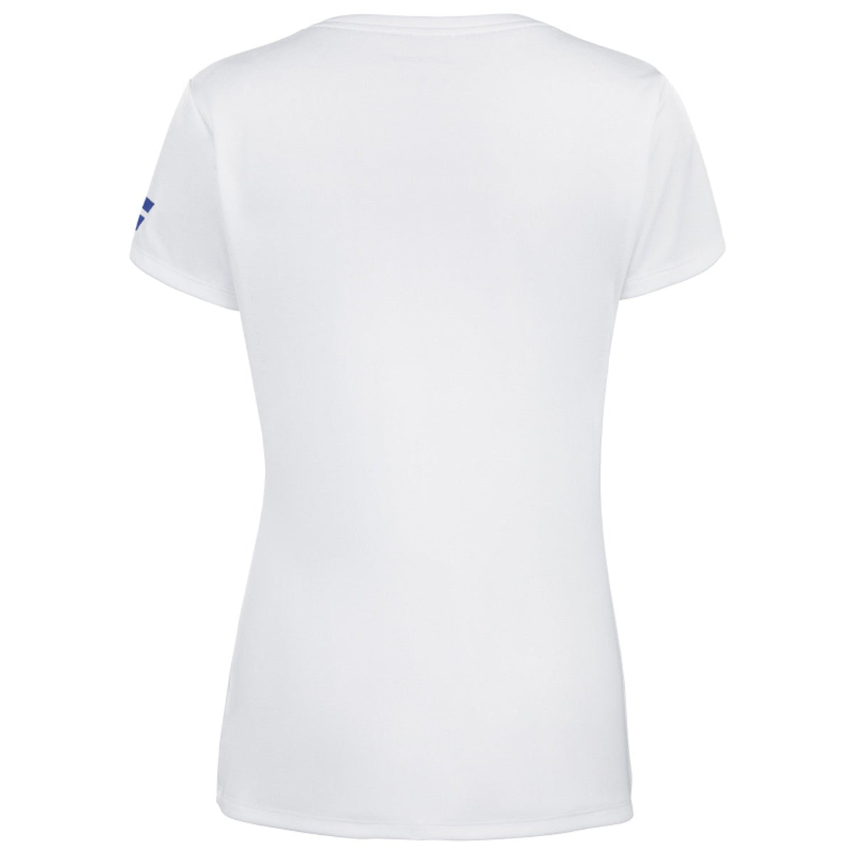 Achterzijde van de witte Babolat Play Cap Sleeve Top W met blauwe halsrand
