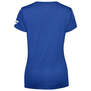 Achterzijde van de blauwe Babolat Play Cap Sleeve Top W met wit logo op de mouw