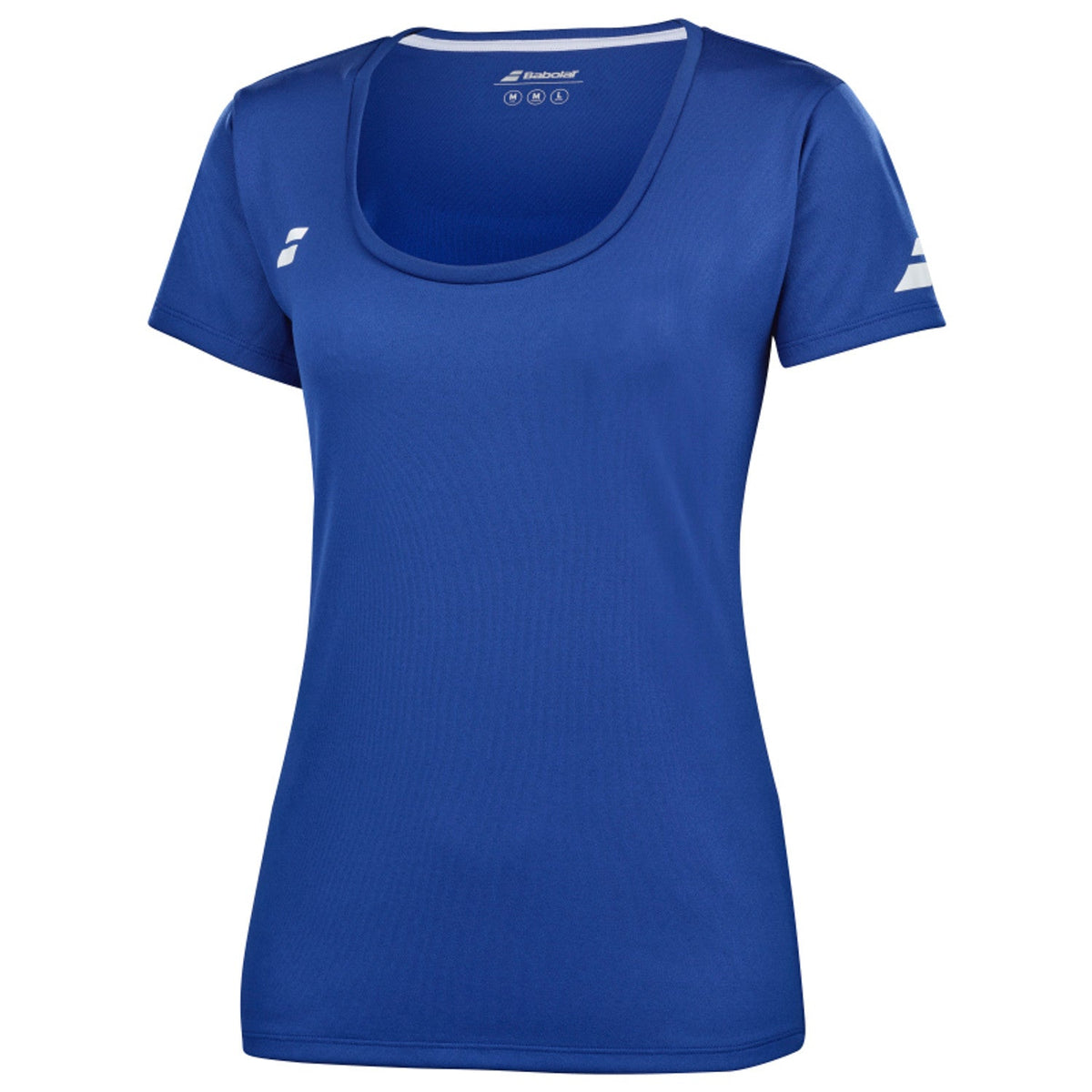 Schuin vooraanzicht van de blauwe Babolat Play Cap Sleeve Top W met ronde hals