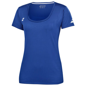 Schuin vooraanzicht van de blauwe Babolat Play Cap Sleeve Top W met ronde hals