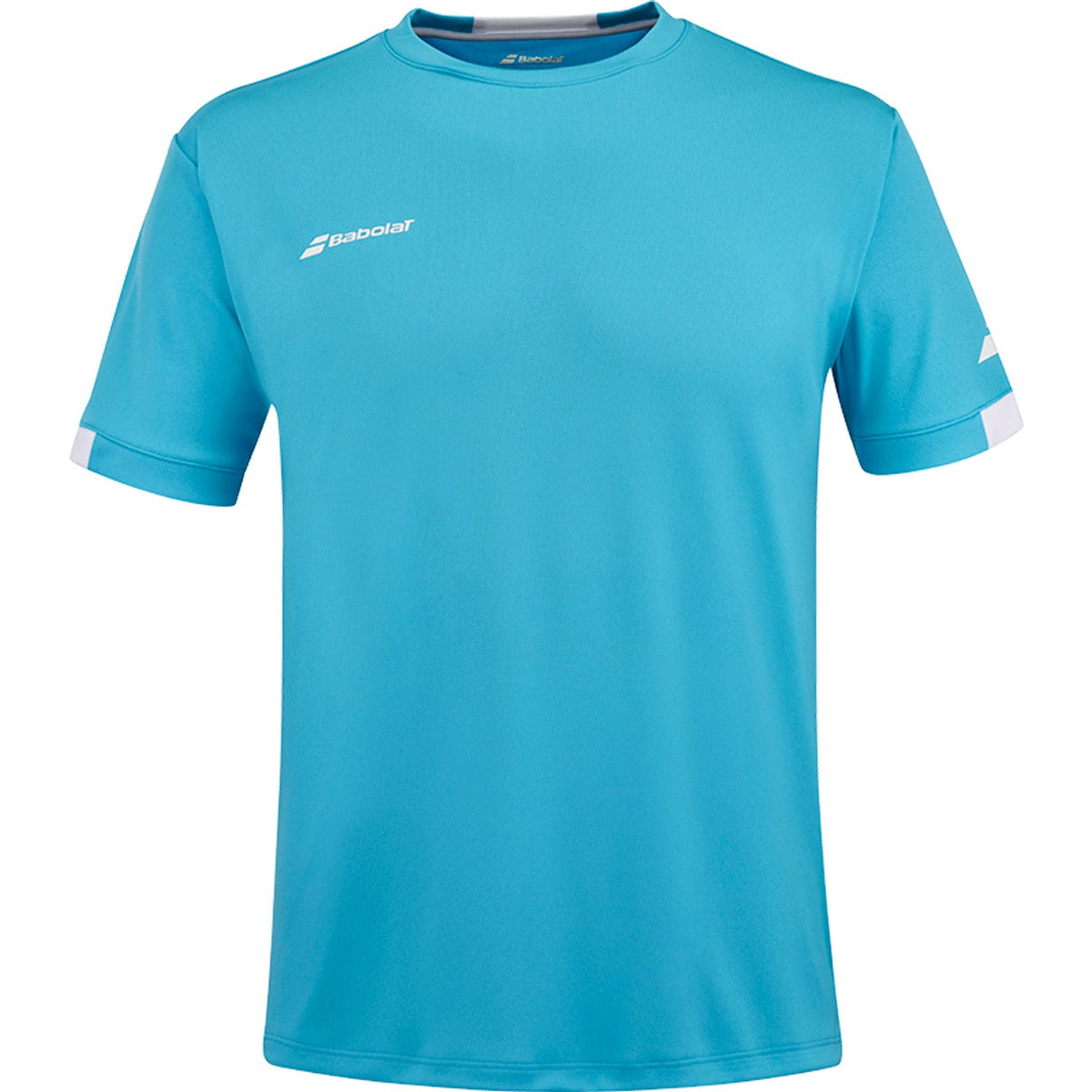 Turquoise Babolat Play Crew Neck T-shirt met witte mouwboorden en donkerblauwe hals