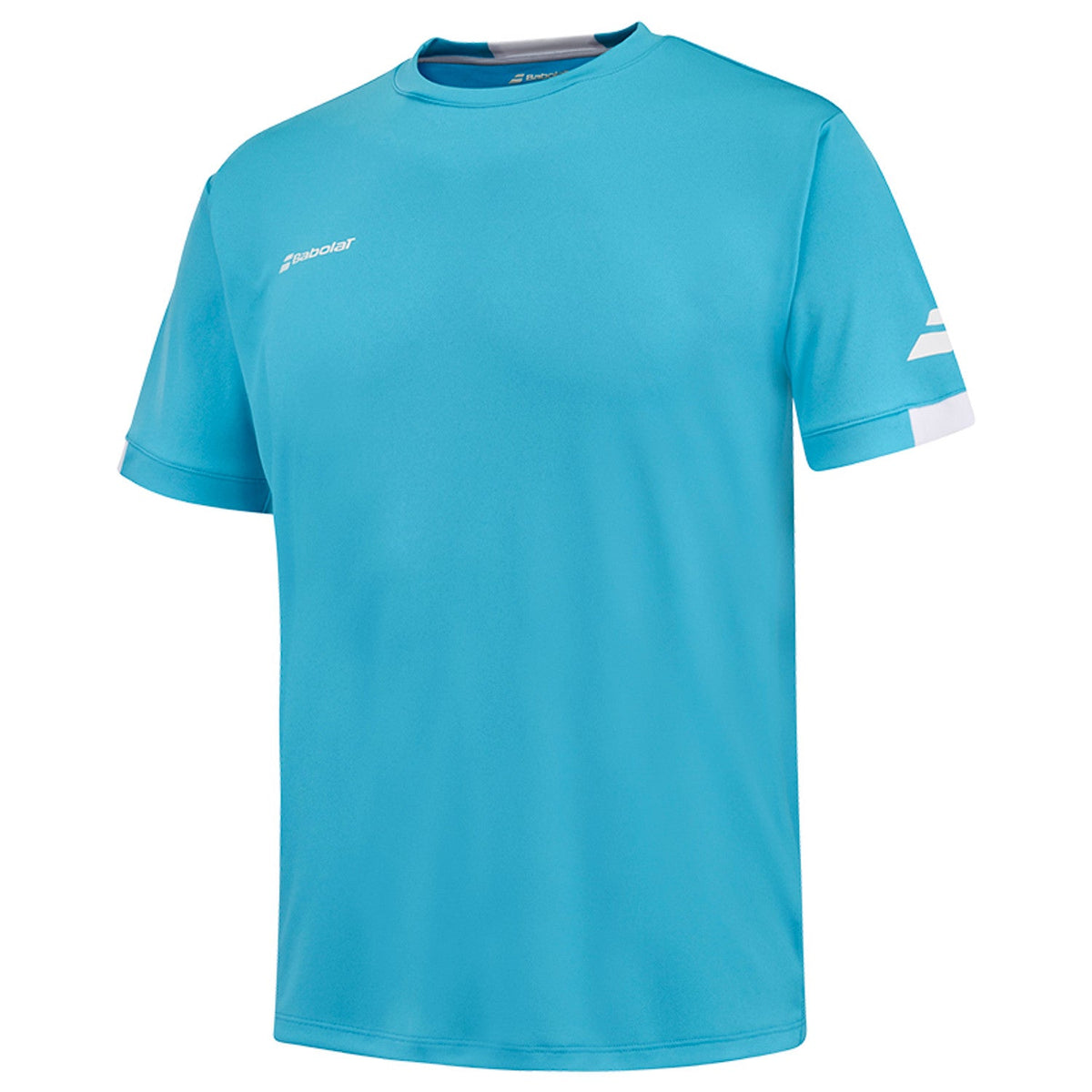 Turquoise Babolat Play Crew Neck T-shirt van opzij met wit Babolat-logo op de borst