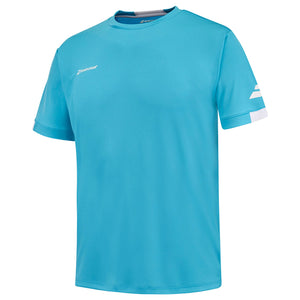 Turquoise Babolat Play Crew Neck T-shirt van opzij met wit Babolat-logo op de borst