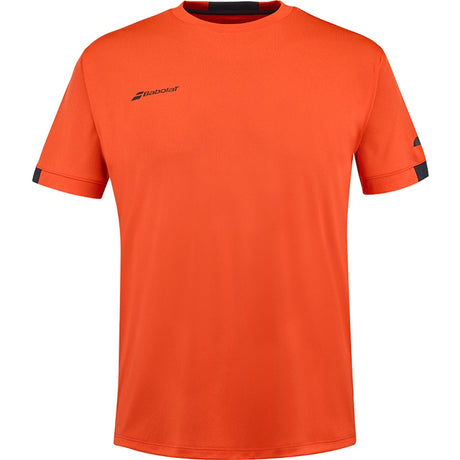 Oranjerood Babolat Play Crew Neck T-shirt met donkerblauwe halsboord en mouwboorden