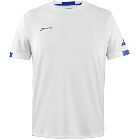 Wit Babolat Play Crew Neck T-shirt met blauwe halsboord en blauwe streepjes op de mouw