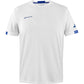 Wit Babolat Play Crew Neck T-shirt met blauwe halsboord en blauwe streepjes op de mouw
