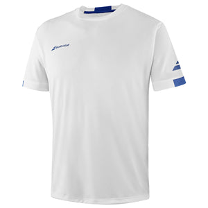 Wit Babolat Play Crew Neck T-shirt van opzij met blauw Babolat-logo op de borst