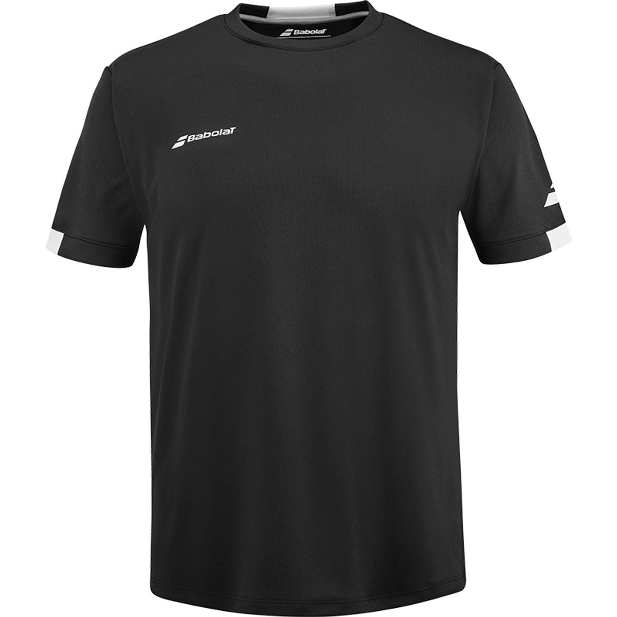 Zwart Babolat Play Crew Neck T-shirt met witte mouwboorden en wit logo op de borst