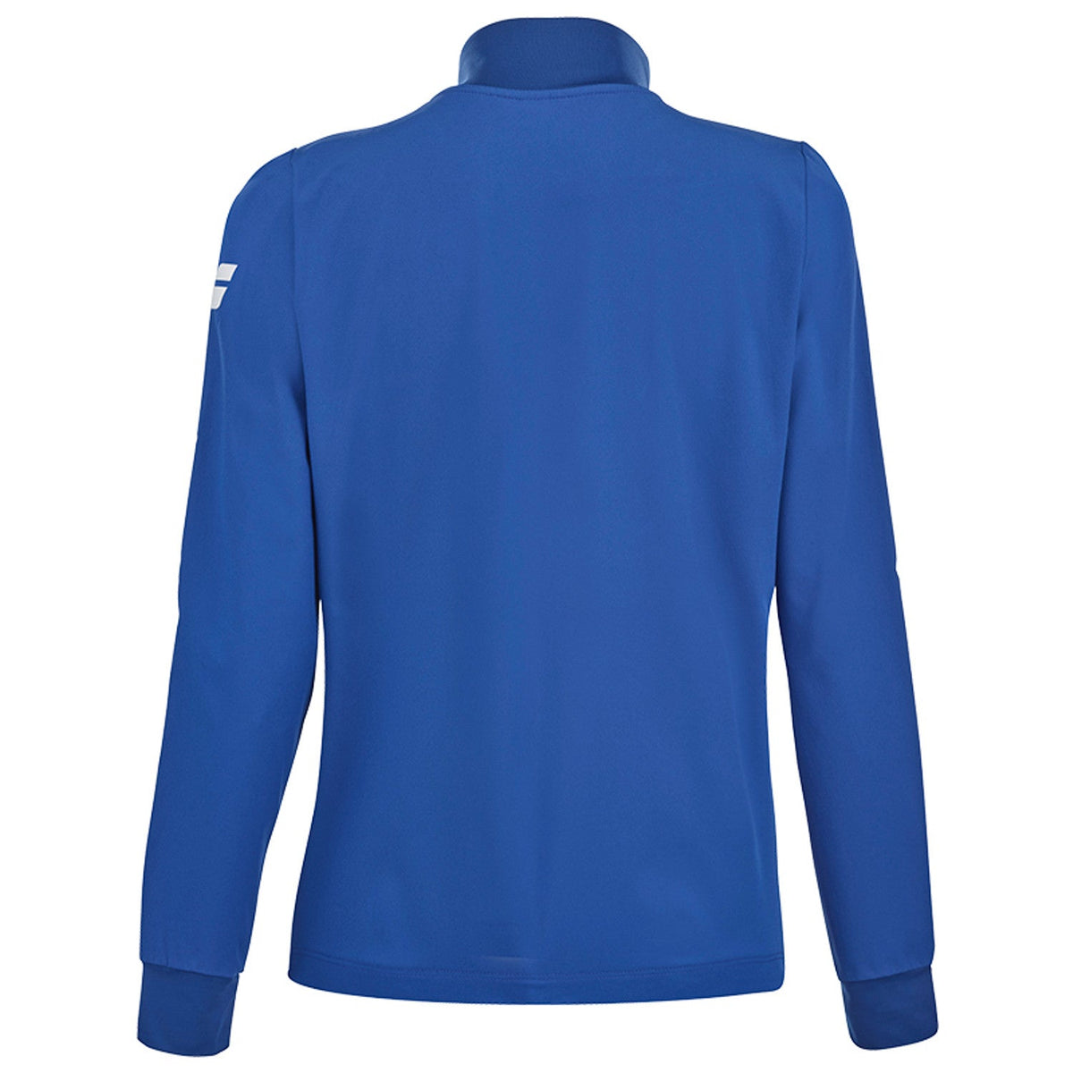 Achterzijde van het blauwe Babolat Play Jacket W met opstaande kraag en manchetten