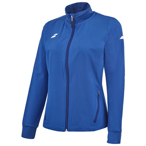 Blauw Babolat Play Jacket W van opzij met ritszak en wit Babolat-logo op de mouw